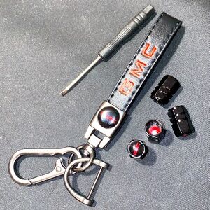 GMC Black Genuine Leather Car Keychain w/ Ring-holder, Screwdriver & Tire Valves